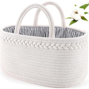 ABenkle Baby Diaper Caddy, Nursery Storage Bin and Car Organizer for Diapers Wipes, Cotton Rope Basket Changing Table Caddy (Large, White)
