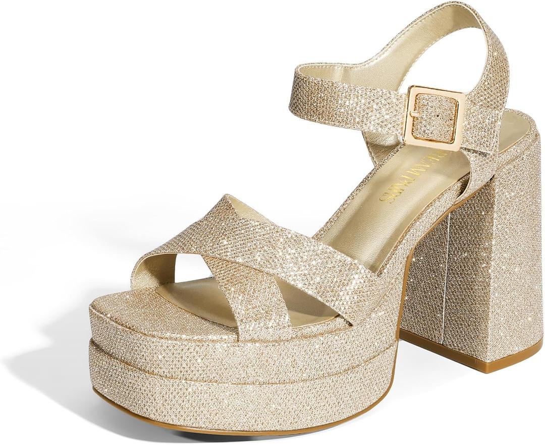 DREAM PAIRS Women's Platform Chunky Heels Square Open Toe Ankle Strap High Heeled Sandals Y2K Shoes for Party Brunch (7.5, Gold-glitter)