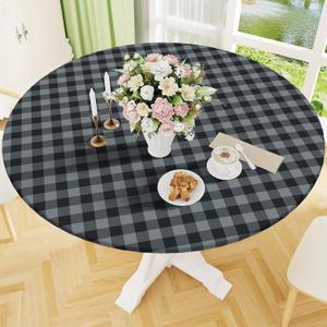 Smiry Round Picnic Tablecloth, Elastic Waterproof Fitted Vinyl Tablecloths for 57"-68" Tables, Flannel Backed Buffalo Plaid Table Cover for Dining, Camping, Outdoor, Black and Grey