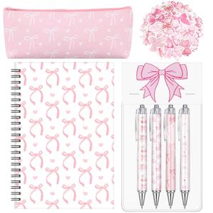 Sayglossy Pink Bow Stationery Gift Coquette School Supplies Set Include Pens Aesthetic Journal Notebook Pencil Case and Stickers Pink Bow Preppy Back to School Supplies for Girl Students