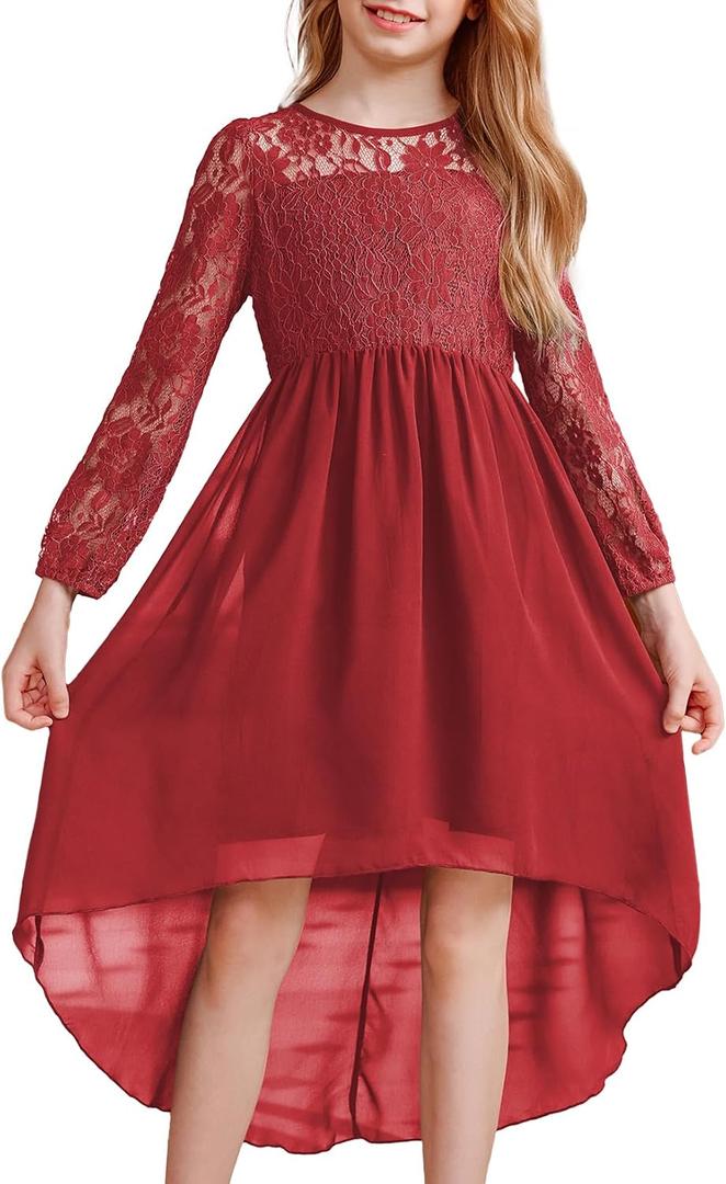blibean Girls Long Sleeve Fall Dresses 2025 Flower Girl Lace Formal Wedding Party Dress Size 6-15 Years (Red)