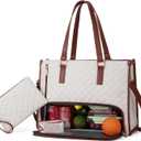LOVEVOOK Lunch Tote Bag for Women, 15.6 Inch Laptop Bag with Insulated Lunch Compartment, Quilted Large Capacity Computer Handbag with Purse for Business, Work, Collage, Office, Casual, Beige-Brown