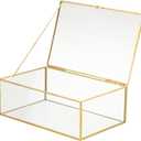 Vintage Glass Jewelry Box Keepsake Box with Hinged Lid and Mirrored Bottom, Great for Storage Trinket/Jewelry/Card/Photo, Gold Decorative Box for Dresser, Extra Large, Gold/Transparent