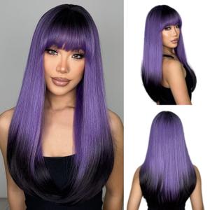 Long Straight Purple Wig for Women Purple Black Wigs with Bangs Synthetic Heat Resistant Hair for Halloween Cosplay Party Daily Use 22Inch