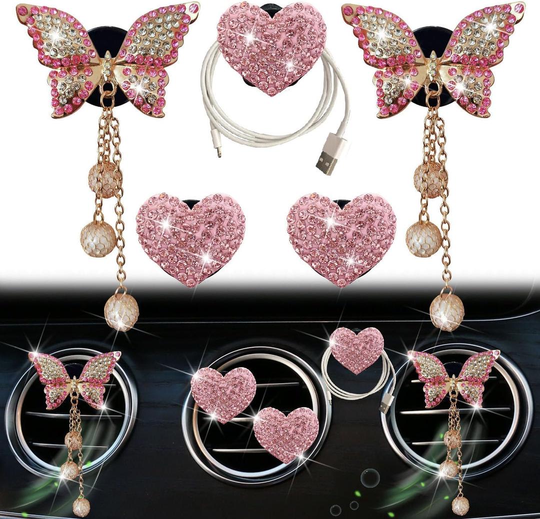 Pink Heart & Butterfly Air Vent Clips, 4 Pcs Bling Heart & Butterfly Air Fresheners Vents Clips Diamond Car Interior Decor Bling Cute Pink Car Accessories Decoration for Women + Heart Mask Hook