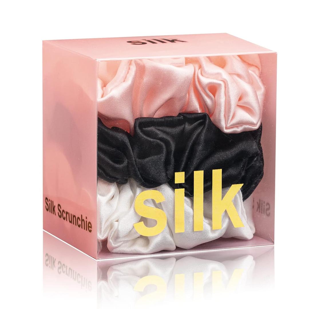 Silk Scrunchies for Hair 100% Mulberry Silk Hair Ties 3 Pack(Black, White, Pink) (01Black, White, Pink)