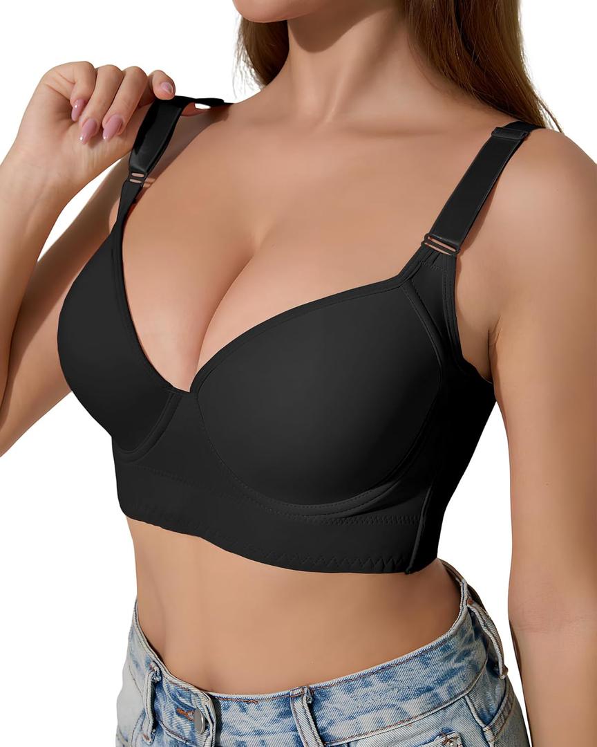 QDN Underwire Full Coverage Bra  Supportive, Comfortable Push Up Bra for Back Fat and Side Smoothing (Black, XL)