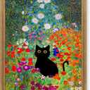 Fantasy Artists Gustav Klimt Canvas Wall Art, Framed Aesthetic Cat Floral Wall Decor, Garden Flower Black Cat Poster Paintings for Living Room Bedroom Bathroon, Dorm Home Decorations, 8" X 10"