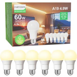 Ultra Efficient Light Bulbs 60 Watt Soft White, A19 LED E26 Frosted Bulb 2700K 750 Lumens, 30000 Hrs Lifetime, Energy-Efficient 4.9W=60W, Low Heat, Flicker-Free, Non-Dimmable, 6 Pack