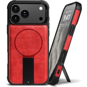 Strong Magnetic for iPhone 17 Pro Max Case Leather,[Compatible with MagSafe], Adjustable Kickstand, Shockproof Protective Cover for iPhone 17 Pro Max ，Red