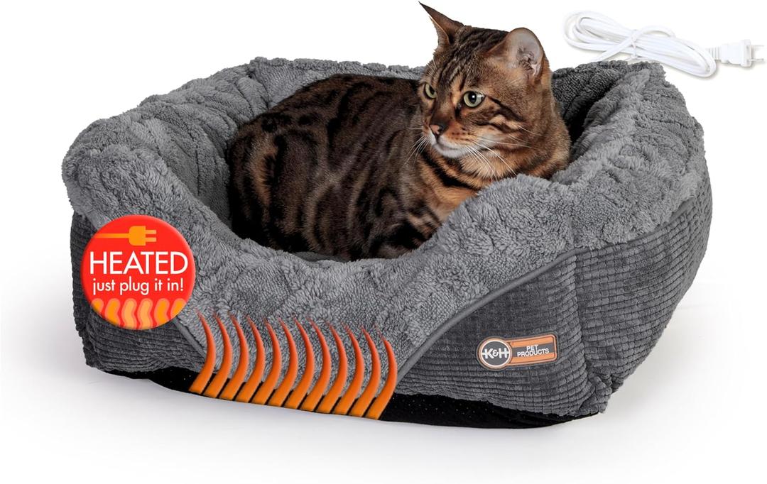 K&H Pet Products Thermo-Pet Lounge Sleeper Indoor Heated Pet Bed for Cats & Dogs, Bolstered Warm Calming Pillow Bed, Waterproof Heated Pad, Machine Washable, Safety Listed - Small 20.5 X 19.5in