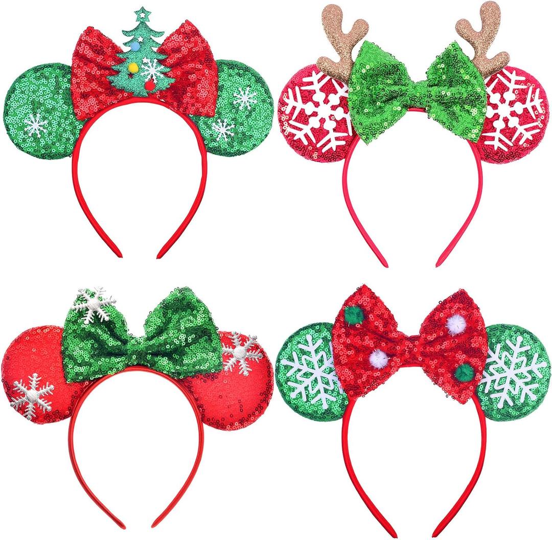 Christmas Headband Mouse Ears Bow Headbands,Sequin Snowflakes Christmas Tree Elk Headbands Hair Accessories for Christmas Cosplay Party Favors(4 PCS)