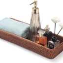 Rattan Bathroom Vanity Trays Toilet Tank Baskets Long Narrow Hand Towel Storage Basket for Storage, Decorative (Honey Brown 16.3 x 6.1 x 2 inch)
