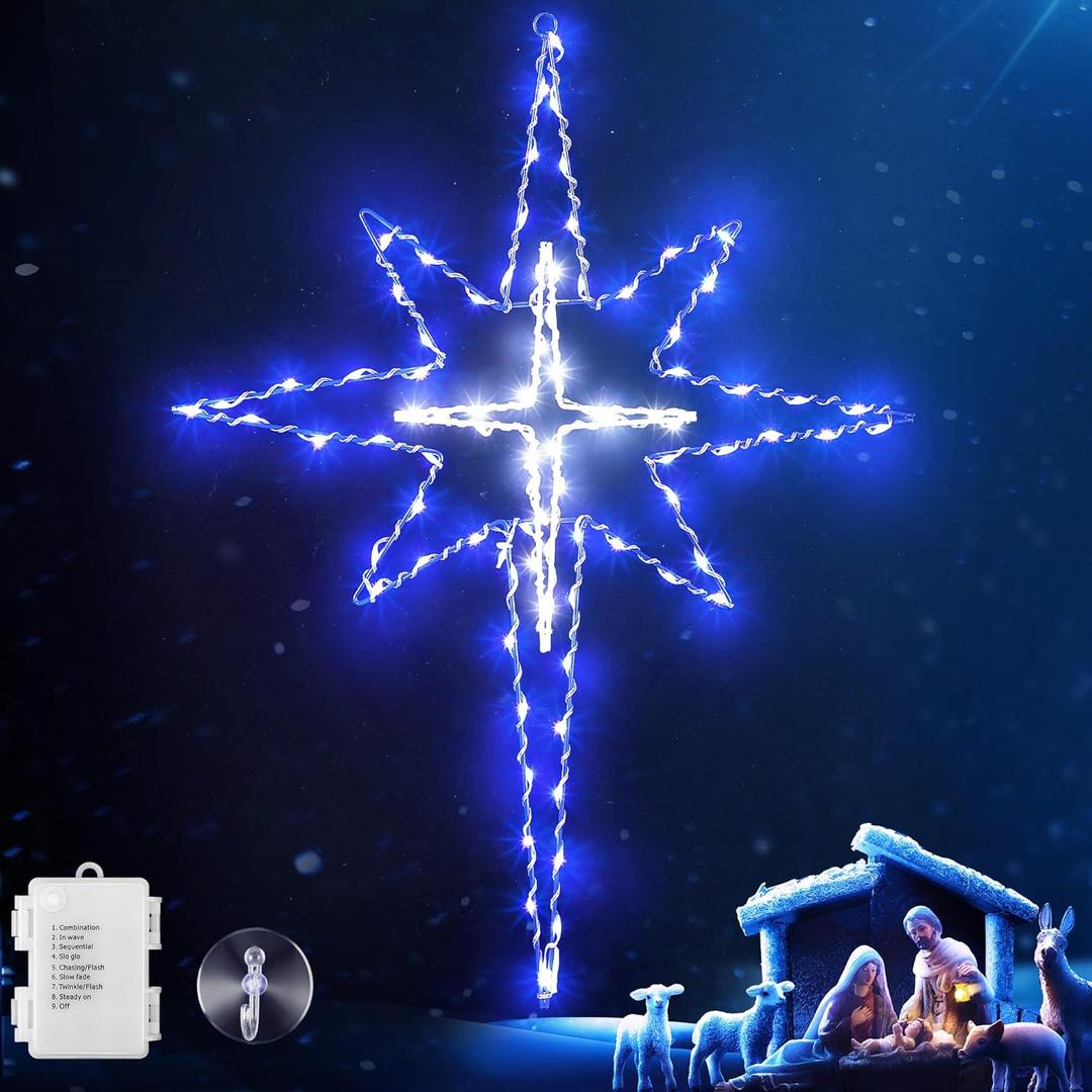 Hiboom 24 in Large Christmas Window Light Decorations 8 Mode Bethlehem Star Light Window Silhouette with Timer, Star of Bethlehem Outdoor Lights Battery Operated for Xmas Holiday(Blue White)