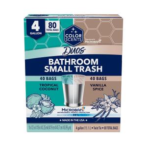 Color Scents Small Trash Bags - 4 Gallon, 80 Total Bags (2 Rolls of 40 Count), Twist Tie Duos (2 unique scent + color combinations) with Microban