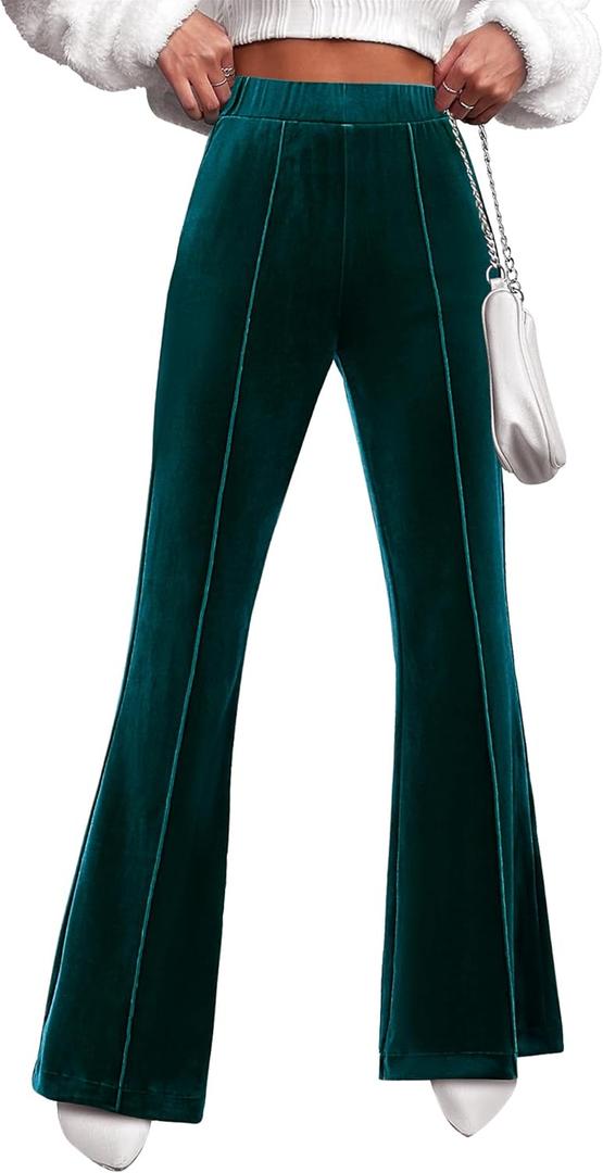GRAPENT Flare Velvet Pants for Women High Waisted Wide Leg Stretch Elastic Waist Pull On Trousers Front Seam Slacks (Small, Dark Green)