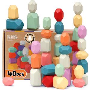 BUNMO 40pcs Wooden Stacking Blocks  Montessori Balance Stones & Sensory Table Accessory  Educational Wooden Stacking Toys for Toddlers (Ages 3-5)  Fun Balance Game for Kids, Preschool & Classroom