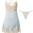 Lilosy Plus Size Curvy Sexy Silk Lace Up Backless Satin Applique Floral Lace Babydoll Lingerie Dress with Tong 2 Piece Women Panty Chemise Negligee Blue X-Large