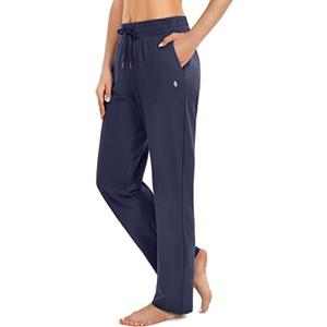 SANTINY Women's Cotton Sweatpants Yoga Lounge Casual Pants Open Bottom Sweat Pants for Women with Pockets, Size L, Navy