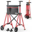Folding walkers for seniors, Lightweight Compact Travel Walker, Fully Assembled Rolling Walker with 2 Wheels, Storage Bag, 2 Skis, Adjustable Height for Tall Over 6 ft, Aluminum Frame Supports 400 lbs (Standard, Red)