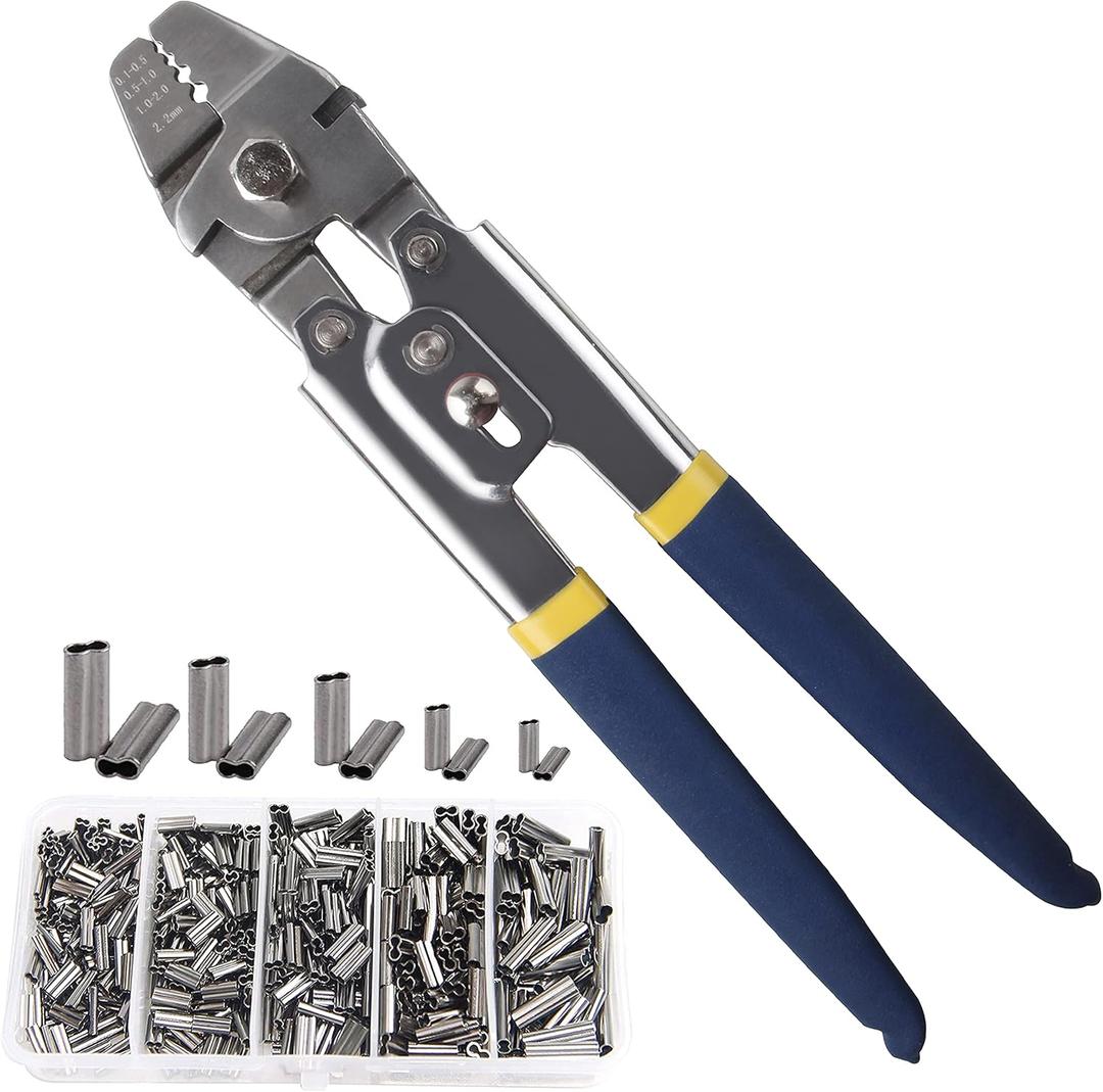 Fishing Crimping Pliers + 300pcs Crimp Sleeves Kit Fishing Crimping Tool Kit Heavy Duty Wire Leader Rope Crimper Plier 5 Sizes Aluminum Copper Double Crimp Sleeves, 4 Size Crimping