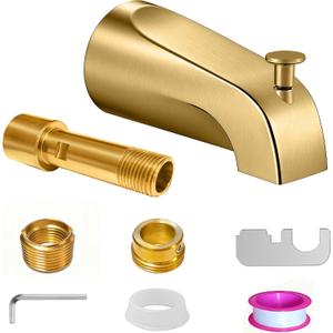 Bathtub Spout with Diverter, All Metal,5.3 Inch Tub Spout, Fits 1/2" Copper Slip-On and 1/2" or 3/4" IPS Threaded Pipes, Leak-Free, Slip Fit Tub Spout with Pull-Up Diverter，Brushed Gold