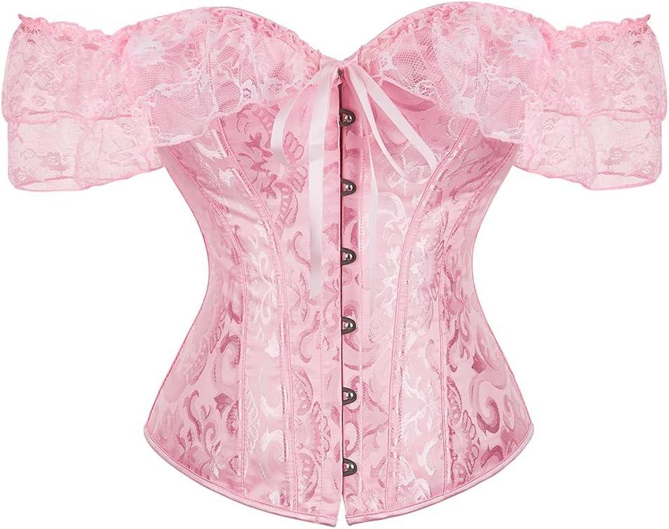 SHYMMUO Corset Top for Women Renaissance Steampunk Bustier Top Sexy Lace Up Corset Top Festival Pirate Halloween Costume (Medium, Pink)