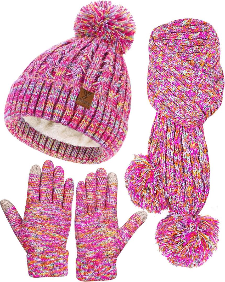 2 x Kids Winter Hat Gloves Scarf Set, Girls Boys Toddler Winter Hat Beanie Pom Knitted Scarves Mittens Fleece Lined Age 5-12