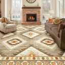 Area Rug 9x12 Rug Machine Washable Non-Slip Low Pile Print Pattern Western Rug for Living Room Bedroom Entryway Tribal Series -Cream/Camel