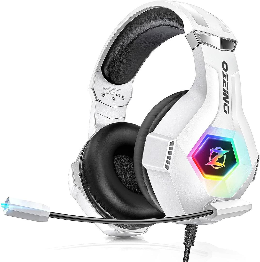 Ozeino Gaming Headset for PC, Ps4, Ps5, Xbox Headset with 7.1 Surround Sound Gaming Headphones with Noise Canceling Mic, LED Light Over Ear Headphones for Switch, Xbox Series X/S, Laptop, Mobile White