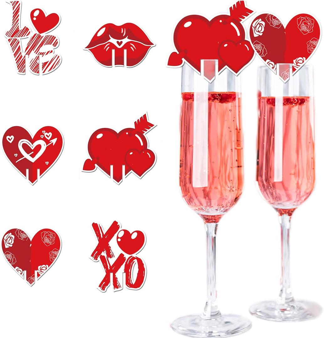 2 x Red Hearts Wine Glass Charms Markers Wine Cup Card Decoration Valentines Day Heart Love XOXO Red Lips Design for Drink Glass Identifiers Holiday Bar Party Decorations Accessorie-12Pcs
