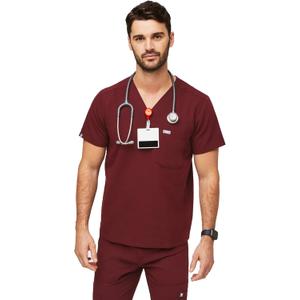 FIGS Chisec Scrub Top for Men 3 Pockets, Tailored Fit, Squared V-Neck, 4-Way Stretch, Moisture-Wicking (Red, S)