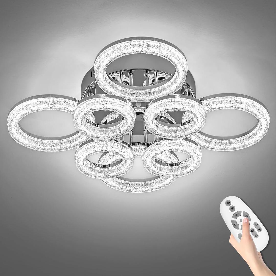 OKELI Modern Ceiling Light, 8 Rings 26.8'' Dimmable LED 106W Flush Mount Ceiling Lights with Remote Acrylic Crystal Round Ceiling Light Fixture, Bedroom Living Room Dining Room, Chrome