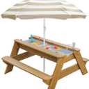 Kids 3-in-1 Sand & Water Activity Table, Wood Outdoor Convertible Picnic Table, 2 Play Boxes, Removable Top with Faucet, Picnic for Outdoor (Natural/Brown), 28" x 19.7" x 23.2"
