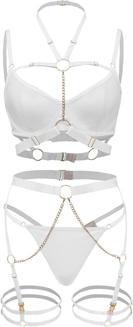 Foxiny Sexy O Ring Chain Strappy Push Up Choker Garter Belt Outfits Lingerie Set 3 Piece (Small, White)