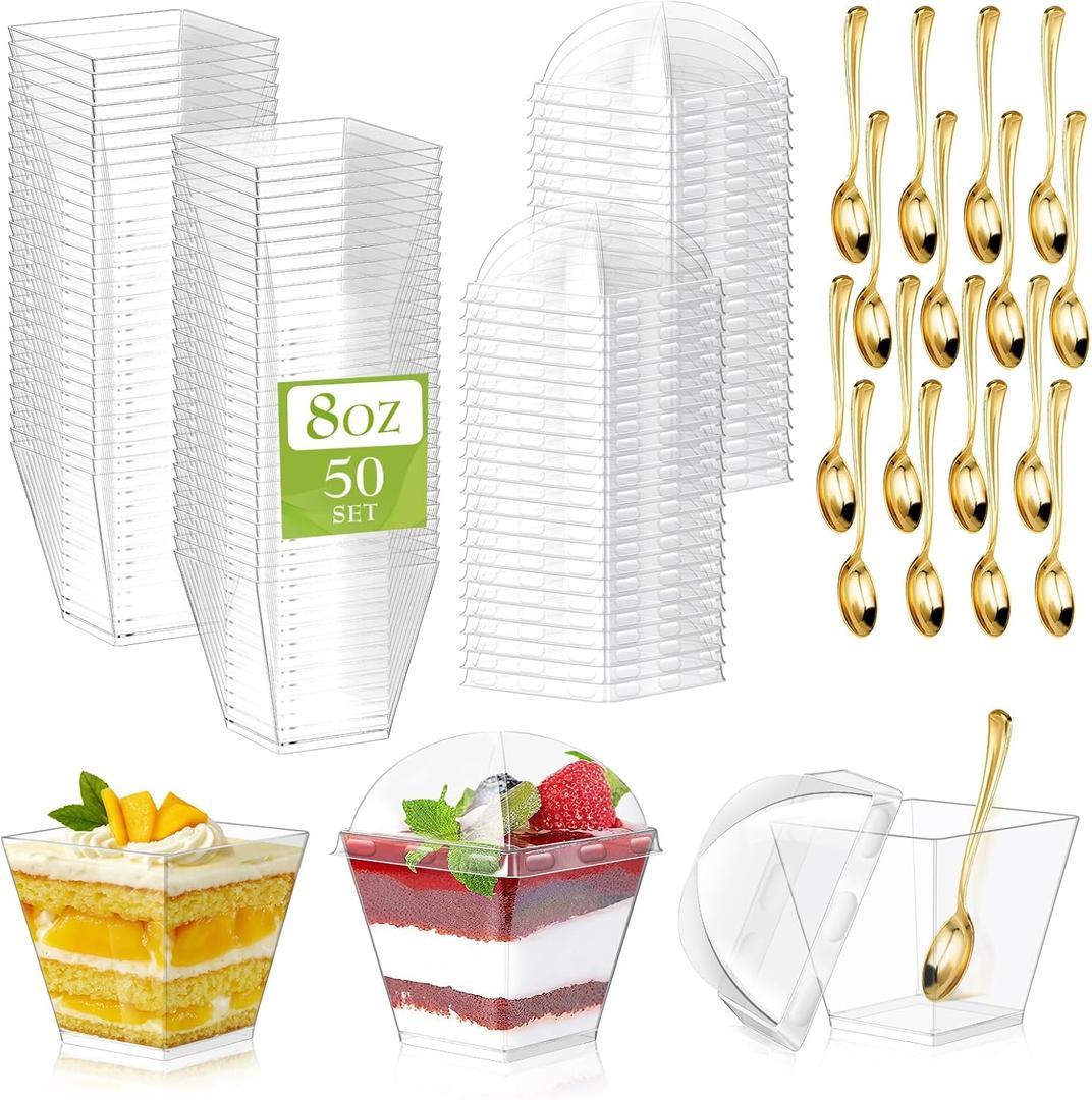150 Pack 8oz Square Plastic Dessert Cups with Dome Lids and Mini Gold Spoons, Clear Yogurt Parfait Cups Serves 50, Disposable Appetizer Cups for Fruit Pudding Shooter Birthday,Wedding,Party Tasting