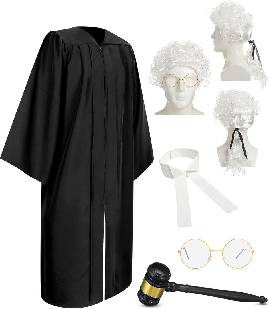 Hillban 5 Pcs Halloween Judge Costume Accessory Judge Robe False Collar Wooden Gavel Wig and Glasses for Halloween Cosplay (Adult)