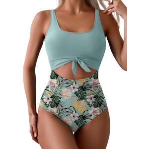 Eomenie Women's One Piece Swimsuit Tummy Control Slimming Bathing Suit Cutout Tie Knot Swimwear (Large, Green Print)