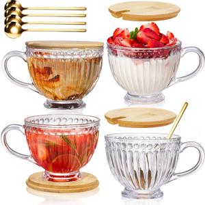 Cididu Large Glass Vintage Latte Mugs Set of 4, 12 Oz Ribbed Cups with Bamboo Lids and Spoons for Cappuccino, Tea, Hot and Cold Drinks, Embossed Breakfast Cup Gift for Coffee, Espresso, Juice, Milk