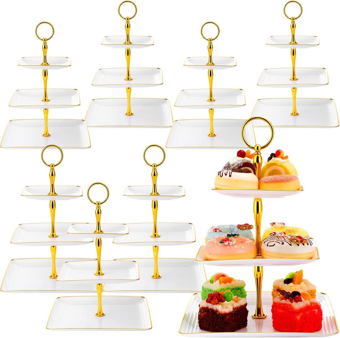 Teenyyou 8 Pack 3 Tier Cupcake Stand Bulk White Tiered Dessert Stand Thick Plastic Square Serving Tray with Gold Edges Dessert Table Display Set Tea Cake Holder for Wedding Birthday Party
