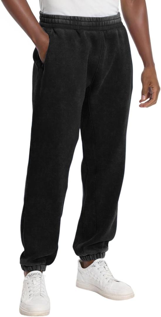 FAIABLE Heavyweight Fleece-Lined Joggers for Men, Winter Warm Washed Sweatpants Relaxed Fit Tapered Cuff & Drawstring Unisex (Black)