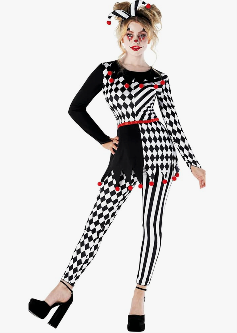 Morph Jester Costume Women Creepy Clown Outfit Scary Jester Halloween Costume for Women Fun Party Attire, Size XL