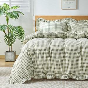 Gingham Duvet Cover Queen Size, 3 Pieces Soft Breathable Microfiber Plaid Comforter Cover with Zipper Closure & 2 Pillow Shams, Ruffle Farmhouse Vintage Decor, Sage Green