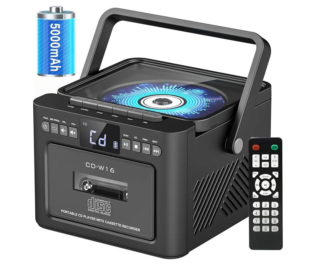 Sunoony Boombox Cassette CD Player Combo with Bluetooth, FM, Remote Control, Tape Recording, AUX/TF/USB Drive, Rechargeable CD Player with Stereo Sound & Headphone Jack, LED Display for Home,Kids,Gift