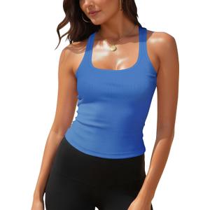 GEMBERA Womens Ribbed Knit Square Neck Racerback Sleeveless Fitted Basic Work Out Tank Top Shirt (Blue, XL)