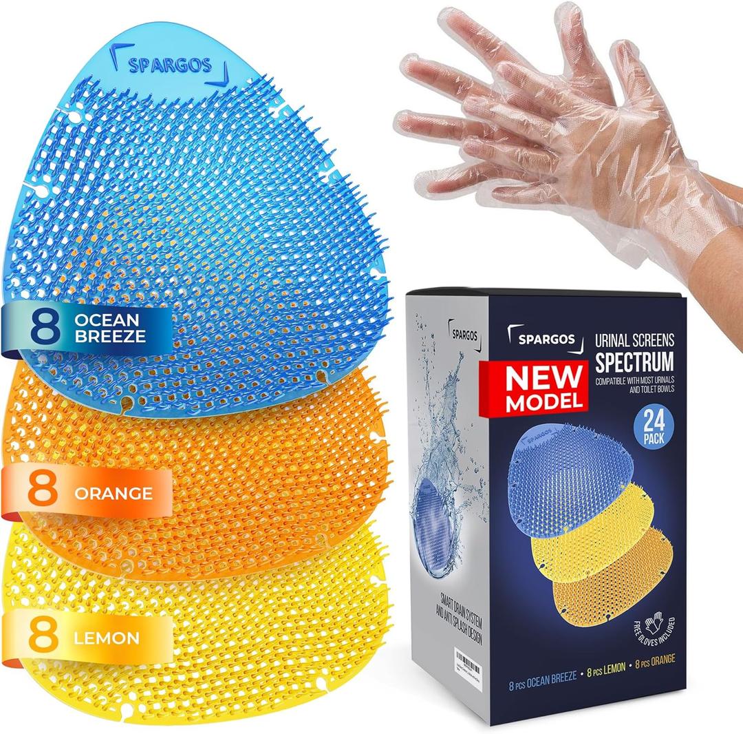 Urinal Screen Deodorizer (24 Pack) Urinal Cakes Fresh 3D Wave Anti-Splash Odor Protection for Toilets in Bathroom Office Stadiums Schools with Free Gloves - 8pcs Blue 8pcs Yellow 8pcs Orange