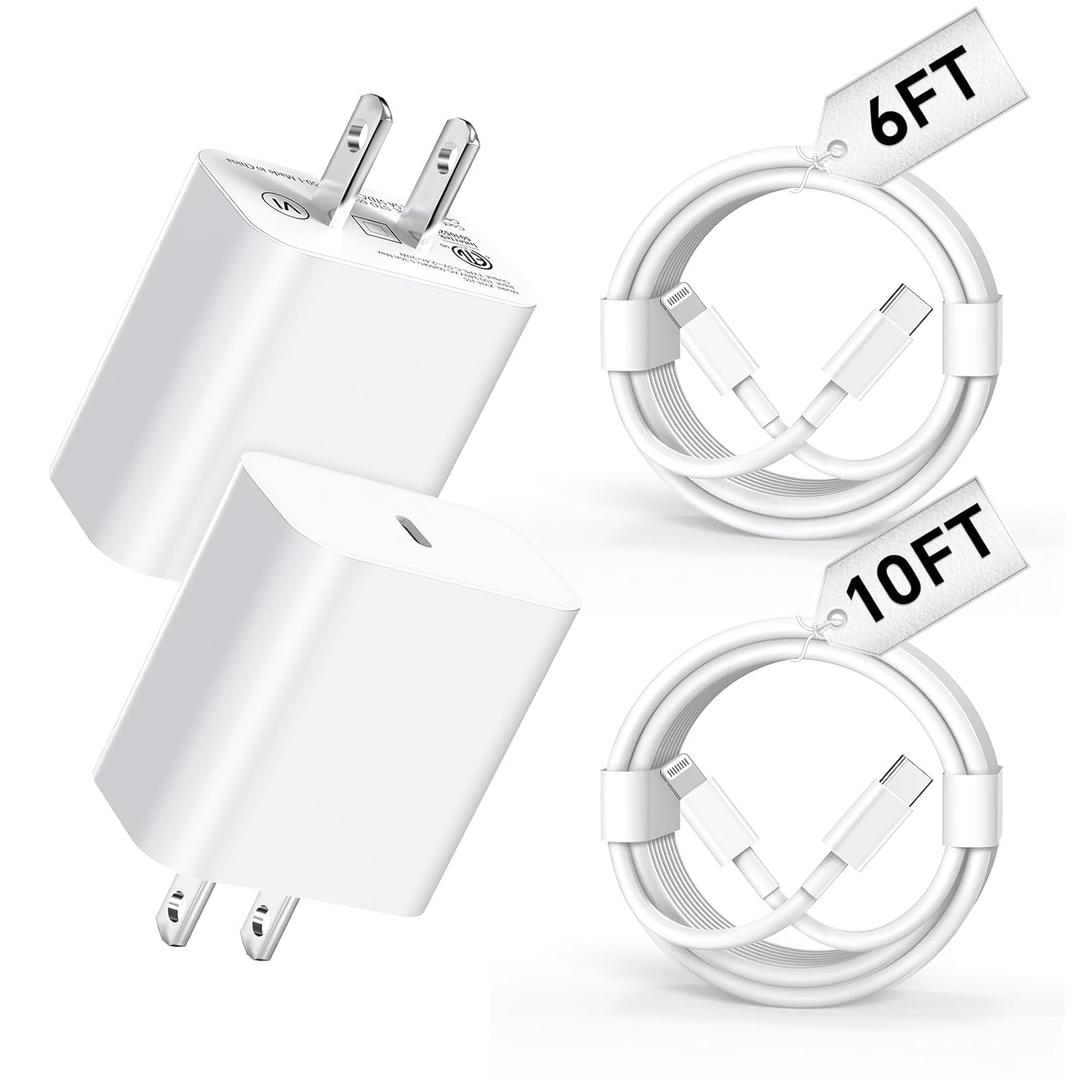 Compatible with iPhone Charger 6/10Ft Fast Charging 2Pack 20W PD Fast Charger Type C Fast Charging Block & Fast Charger Cord Compatible with iPhone 14/13/12/11 Pro/iPad/Pro Max/Plus/XS/XR/SE Charger (White)