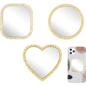 Lusofie 3Pcs Phone Mirror Stick on, Bling Rhinestone Phone Case Mirror with Gold Zinc Alloy Frame, Heart/Circle/Square Slim Pasteable Mini Makeup Mirrors for All Phones Case Decoration