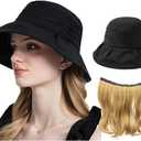 Summer Women's Beach Sun Hat, Wide Brim Sun Protection, Lightweight Cotton Hat with Hair Attached via Magic Tape