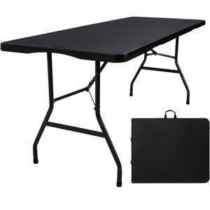 Folding Table 6ft, Heavy Duty Plastic Fold-in-Half Utility Table, Black